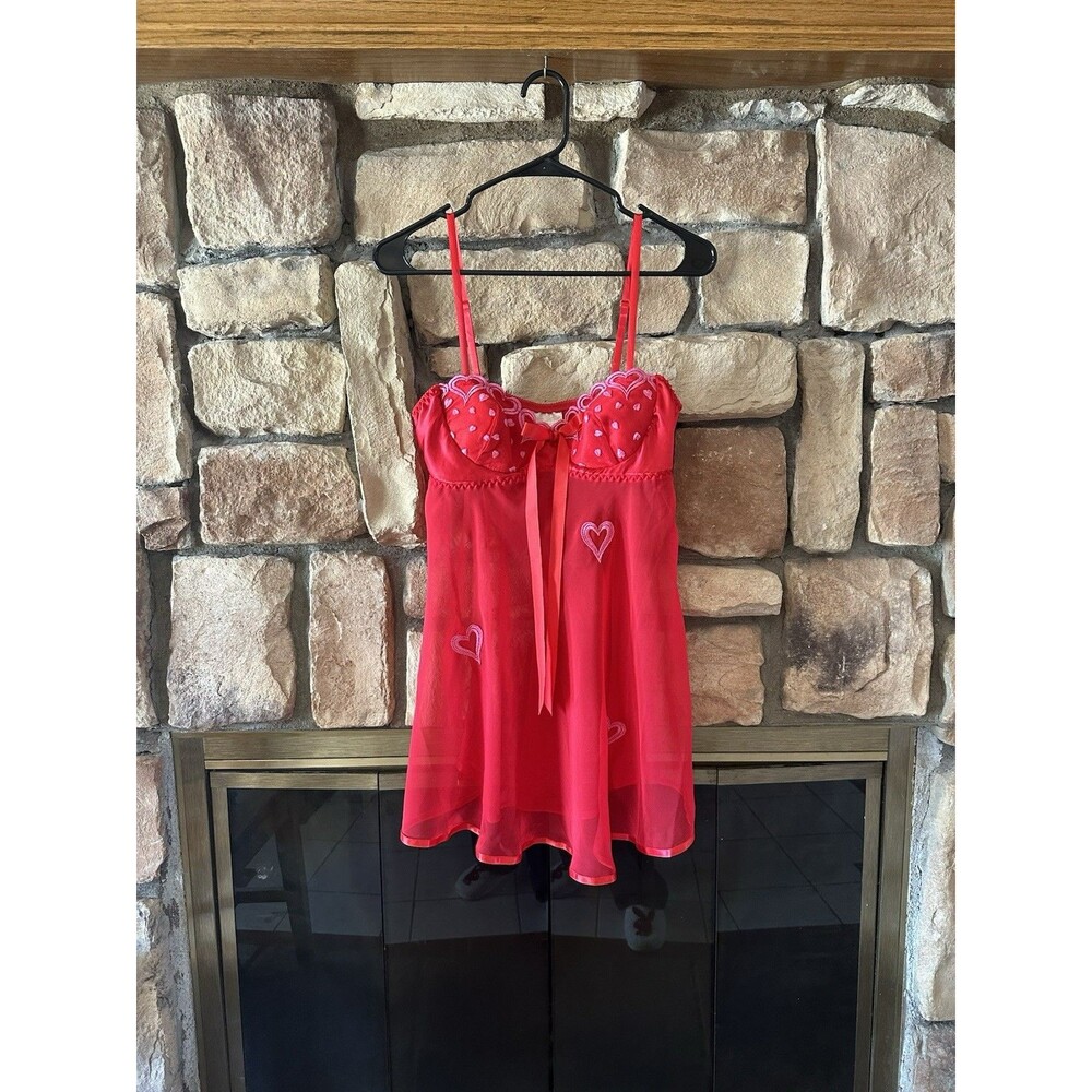 VTG 90s/Y2K Innermost Sears Heart Valentines Slip Dress Babydoll Bow M Women Red